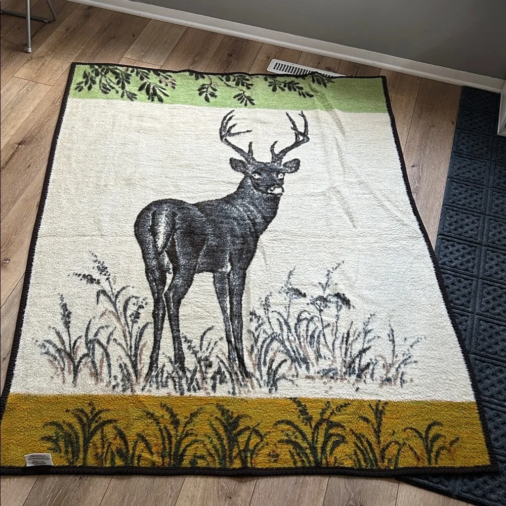 Vintage Biederlack Deer Buck Reversible Blanket  Cabincore Germany 69”x53”